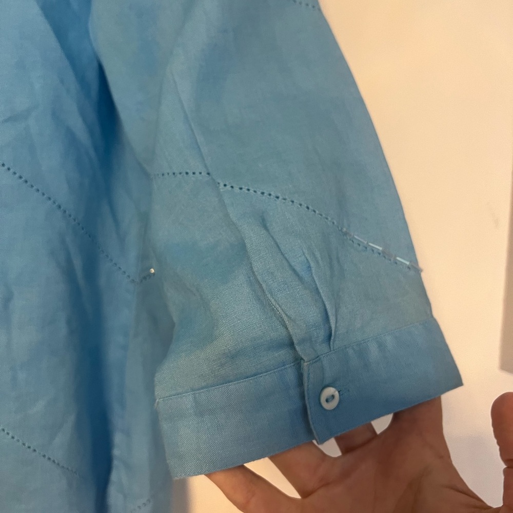 Anne Carson 100% Linen Aqua Blue Button Down 3/4 Sleeve Embellished size M - Picture 11 of 13